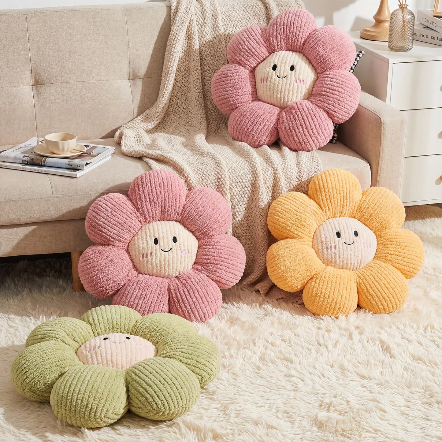 Chicmount 2 Pcs Smile Face Flower Pillows 15" Yellow Flower Throw Pillows Decorative Daisy Floor Seating Cushion Aesthetic Cute Seat Cushion for Bed Sofa Couch Home Decor Bedroom Living Room Chair