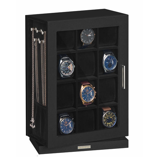 SONGMICS Watch Box 12 Slots with Glass Windows, 360° Rotating Vertical Watch Display Case, Jewelry Sunglasses Ring Storage, 10 Necklace Hooks, Removable Pillows, Velvet Lining, Ink Black UJWB028B01