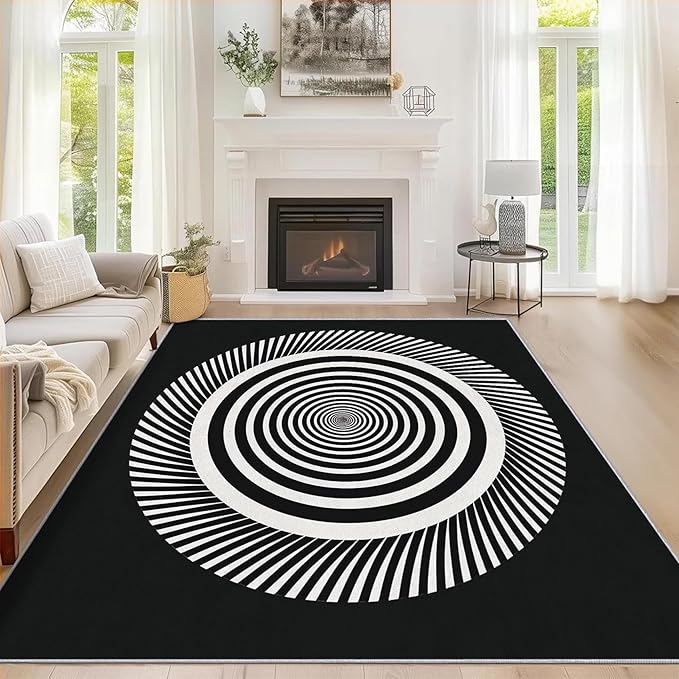 Black and White Circle Rugs for Home Decor, 3x5 ft, Abstract Op Art Area Rugs for Living Room, Soft Non Slip Washable Modern Geometric Carpet Bedroom Decorations Dt-Ghf-31