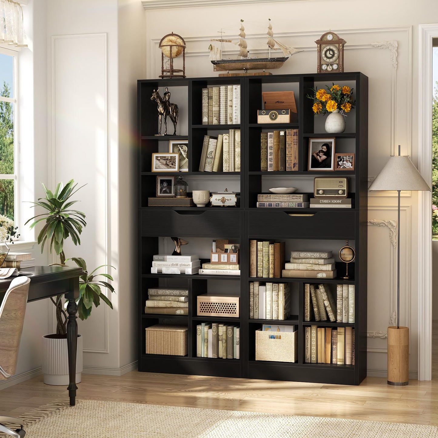 Armocity 8-Tier Tall Bookshelf with Drawer, 73.6" Narrow Freestanding Bookcase, Space-Saving Wood Display Shelves Storage for Living Room, Home Office Bedroom, Black