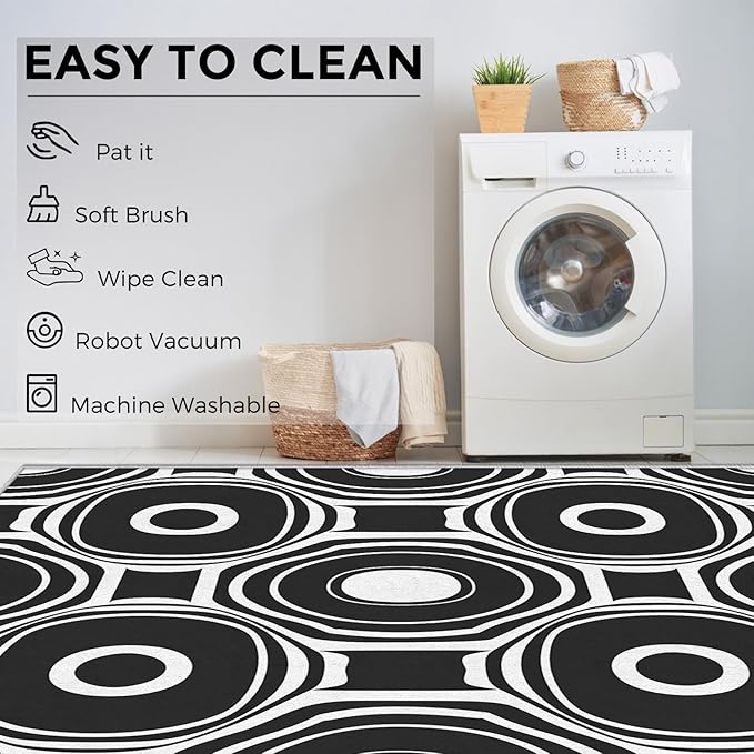 Black and White Geometric Rugs for Home Decor, 8x10 ft, Ring Circle Area Rugs for Living Room, Soft Non Slip Washable Modern Abstract Carpet Bedroom Decorations Dt-Ghf-31