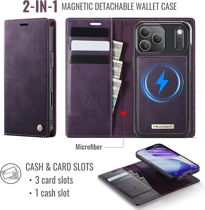 PlusnapX Wallet Case for iPhone 17 Pro Max Compatible with Magsafe, 2-IN-1 PU Leather Flip RFID Blocking Card Holder Stand Shockproof Magnetic Detachable Cover for iPhone 17 Pro Max 6.9", Retro Purple
