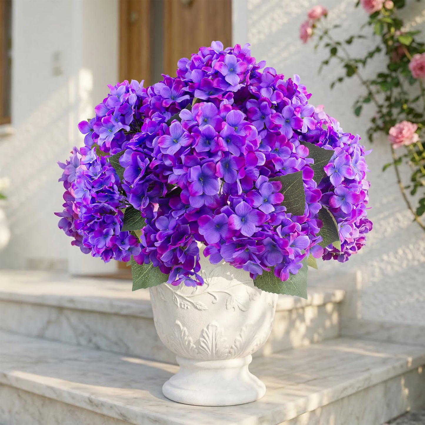 Daynight 4 Pcs Hydrangea Artificial Flowers Outdoor Silk Bouquets, UV Resistant Faux Hydrangeas Flowers for Table Vase Centerpieces Outside Party Wedding Baby Shower Home Outdoor Decor (4, Purple)