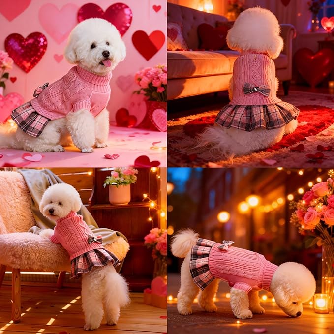 YUDODO Valentines Small Dog Sweater Dress with Bowtie Turtleneck - Knitted Pet Girl Dog Winter Clothes - Pet Warm Sweater for Puppy Yorkies, Chihuahua (M Pink)