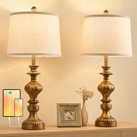 SAIWEYA 27.5" Farmhouse Table Lamps Set of 2 Bedside Nightstand Lamp with USB C+A Ports & AC Outlet, 3 Way Dimmable Touch Lamps for Bedroom Living Room Office Rustic Lamp