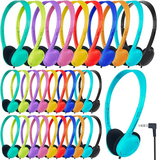 Headphones Bulk for School Classroom 100 Pack On Ear Classroom Headphones for Student,Group Learning, Computer Lab, Library, Online Lesson and Testing 3.5mm Jack (10 Mixed Colors)