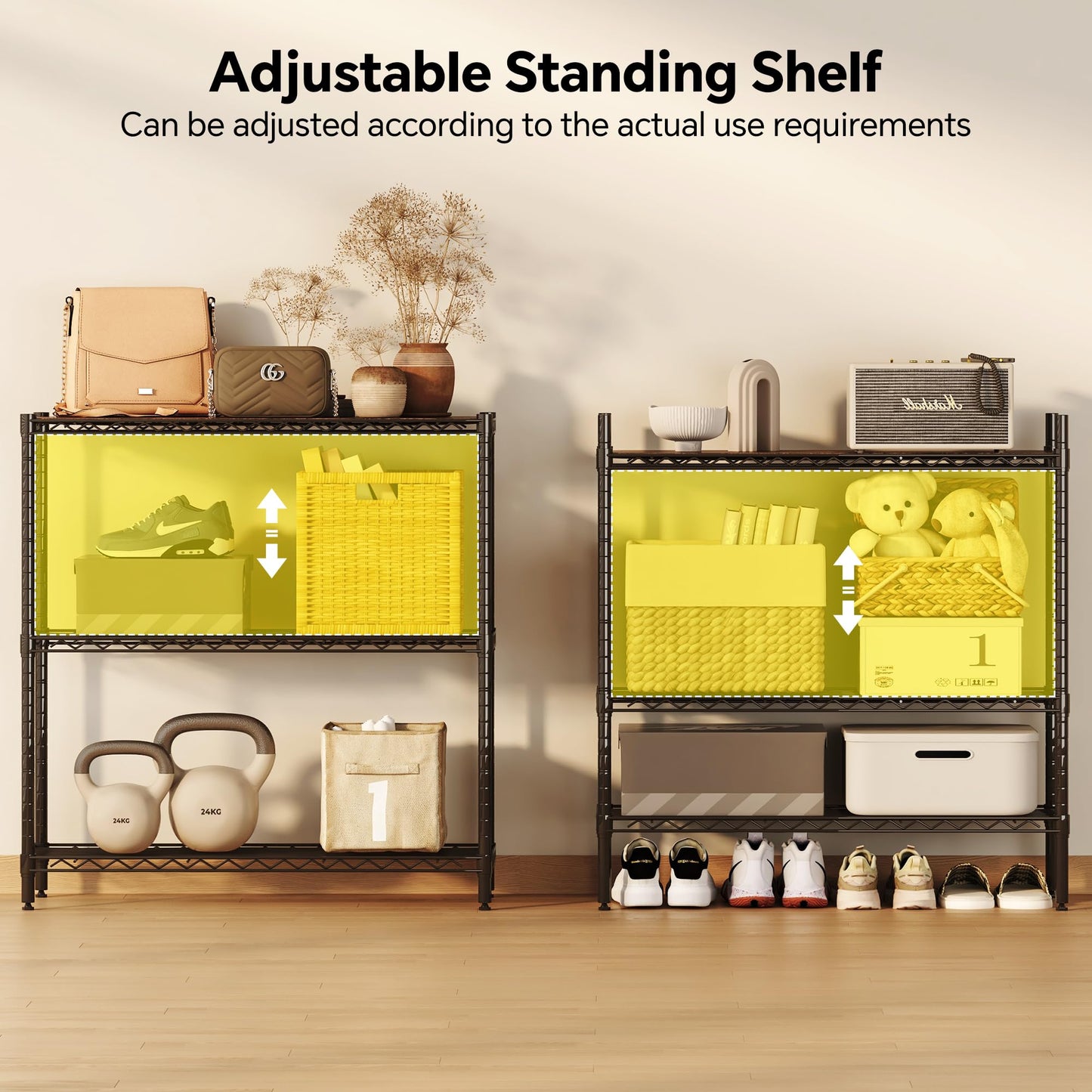 Homeiju 3-Tier Storage Rack, 29.8" Wide Heavy Duty Metal Shelving Unit, Top Tier with Removable Wood Board, 200 lbs Capacity per Shelf, for Pantry, Bathroom, Garage, Entryway, Plant Stand