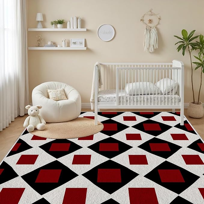 Plaid Rug 4x5, Vintage Geometric Soft Ultra Soft Faux Wool Low Pile Rug, Indoor Floor Mats Carpet, Non-Slip Stain Resistant Washable Rugs, Modern Red Rugs for Living Room Home Office Decor