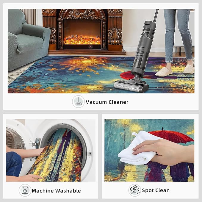 London Streets Washable Rugs 4x6 Rug for Living Room, Rainy Night Oil Painting 4x6 Rug Autumn Landscape Low-Pile Carpet for Bedroom Dining Non Slip Mat with Rubber Back