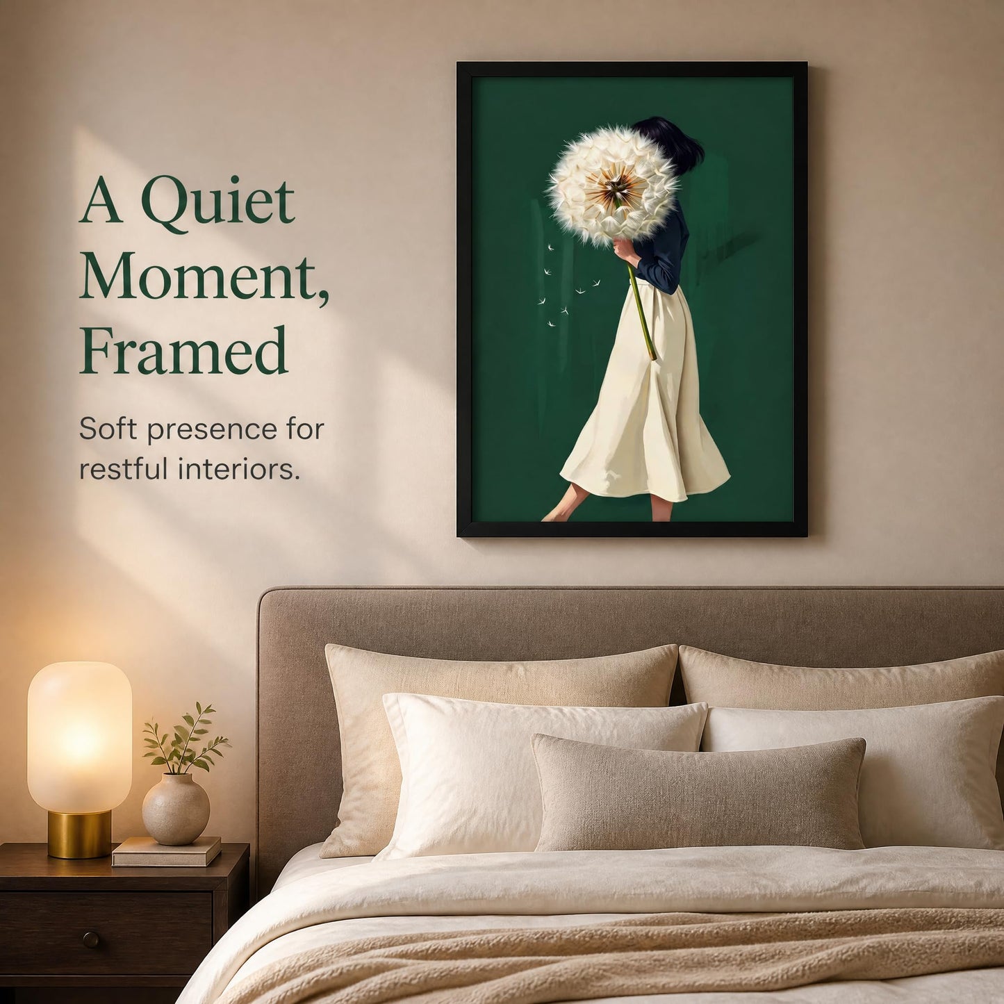 Framed Emerald Green Wall Art Woman With Dandelion Art Prints Modern Women's Minimalist Pictures Soft Botanical Painting Artwork for Living Room Bedroom Home office Wall Decor