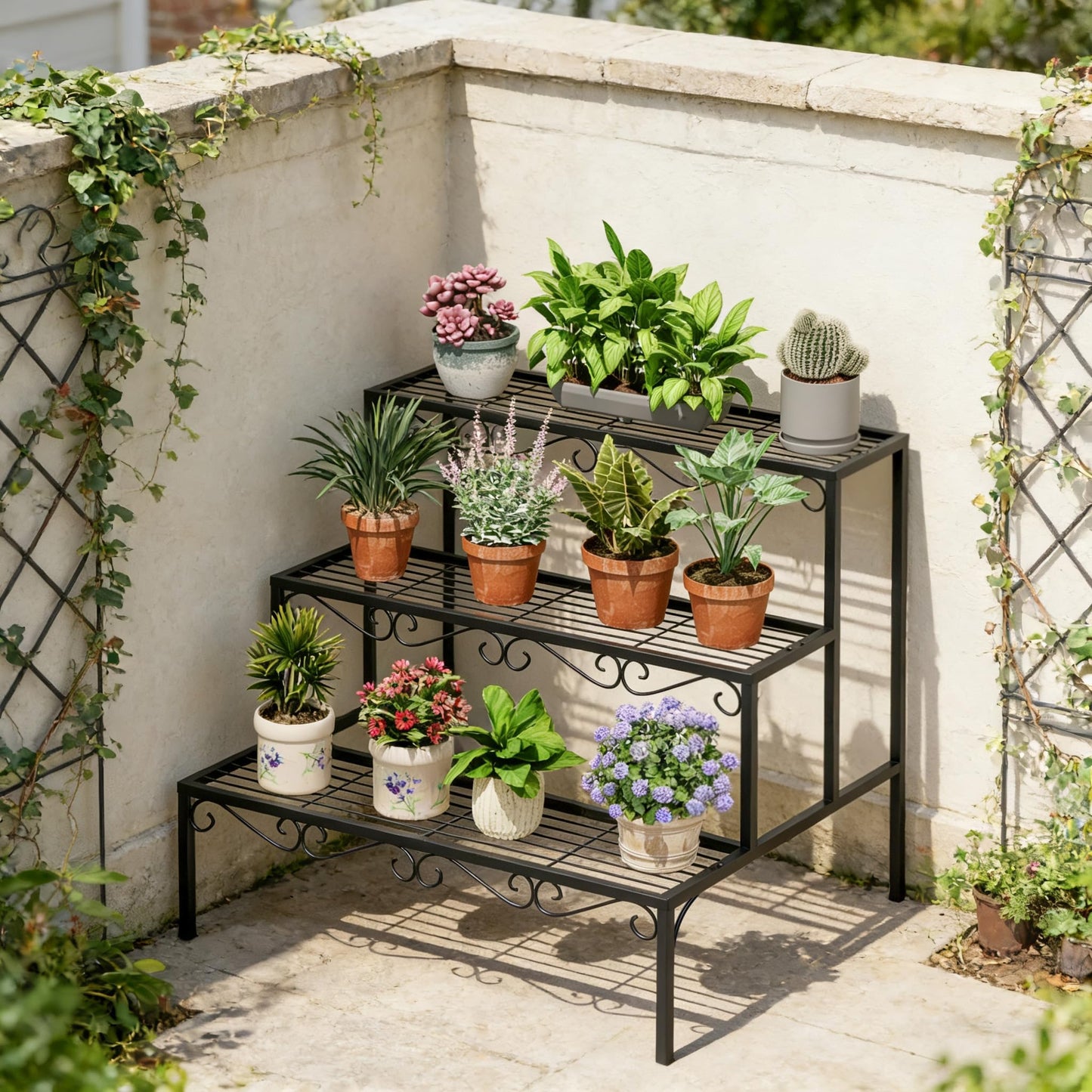 SIMHOMSTOR Plant Pot Stand Shelf, 3 Tier Flower Ladder Display Rack, Metal Succulent Plants Storage Holder for Outdoor and Indoor, Black