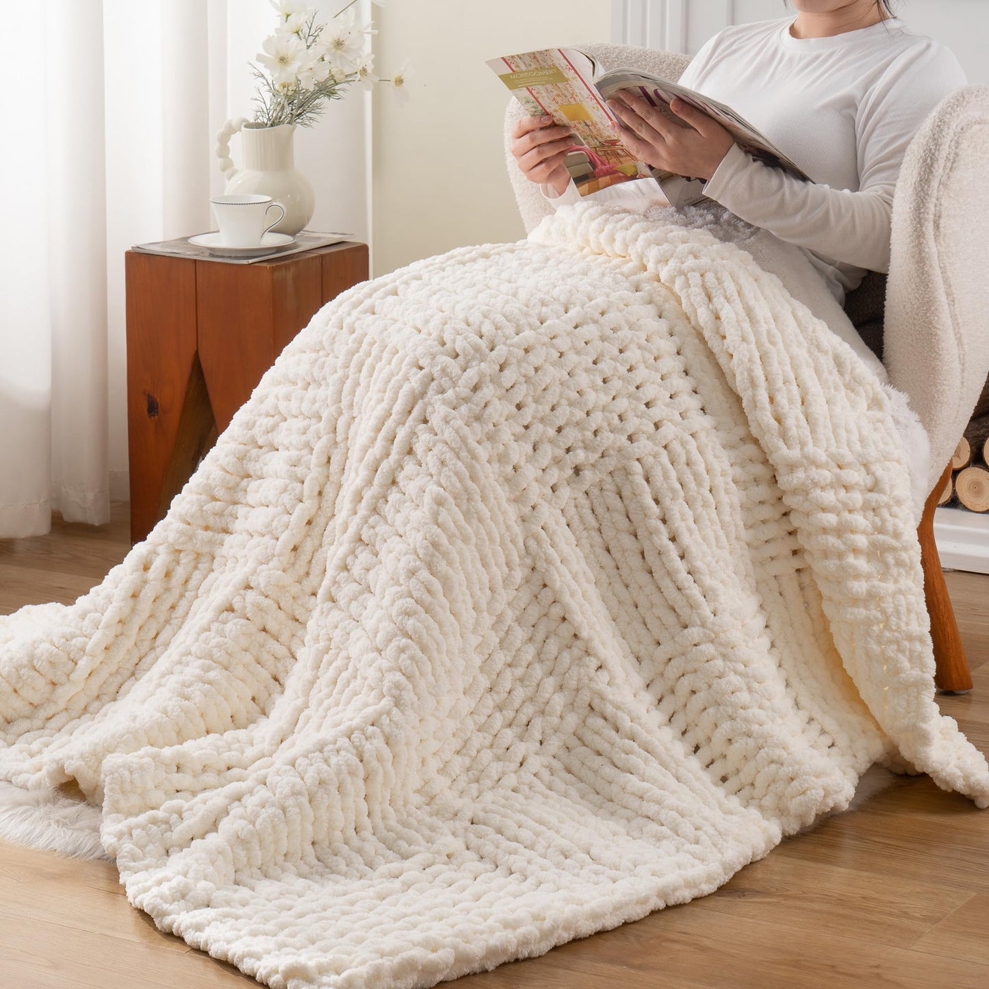 Bunnikins & Clover Cream White Hand Knitted Blanket with Chenille Yarn, Chunky Knit Ivory Throw Blanket for Bed Living Room Home Decor, 50"x60"
