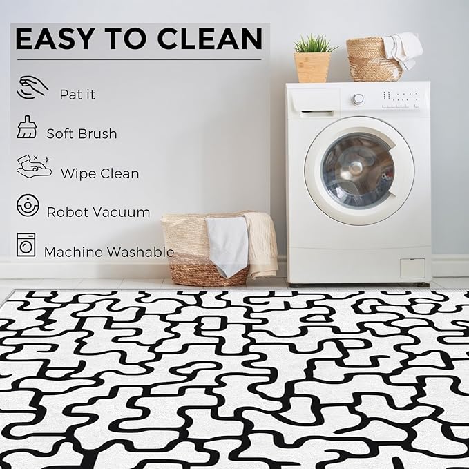 Abstract Geometric Rugs for Home Decor, 5x7 ft, Black and White Labyrinth Area Rugs for Living Room, Soft Non Slip Washable Modern Abstract Line Carpet Bedroom Decorations Dt-Ghf-31