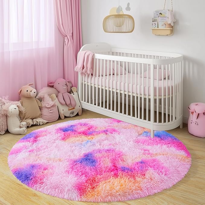 Round Fluffy Rugs 6Ft for Girls Bedroom, Dark Rainbow Shag Circle Kids Rug Non-Slip for Bedside Dorm Nursery Playroom, Soft Cute Area Rugs for Living Room Decor