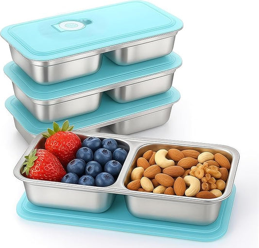 BSTUR 4Pcs 304 Stainless Steel Bento Boxes, 30 oz 2 Compartments Portable Food Storage Containers Snack Boxes with Leakproof Lids, Divided Meal Prep Lunch Box Food Container Dishwasher Safe