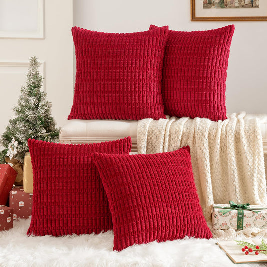 MIULEE Pack of 4 Christmas Red Corduroy Decorative Throw Pillow Covers 18x18 Inch Soft Boho Striped Pillow Covers Modern Farmhouse Home Decor for Sofa Living Room Couch Bed