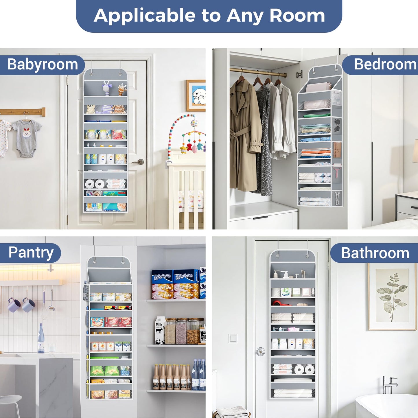 COOLBEBE Over the Door Organizer, 5-Shelf Hanging Organizer with 10 Side Pockets, 44LB Behind the Door Storage for Bathroom Bedroom Closet and Baby Essentials, Grey