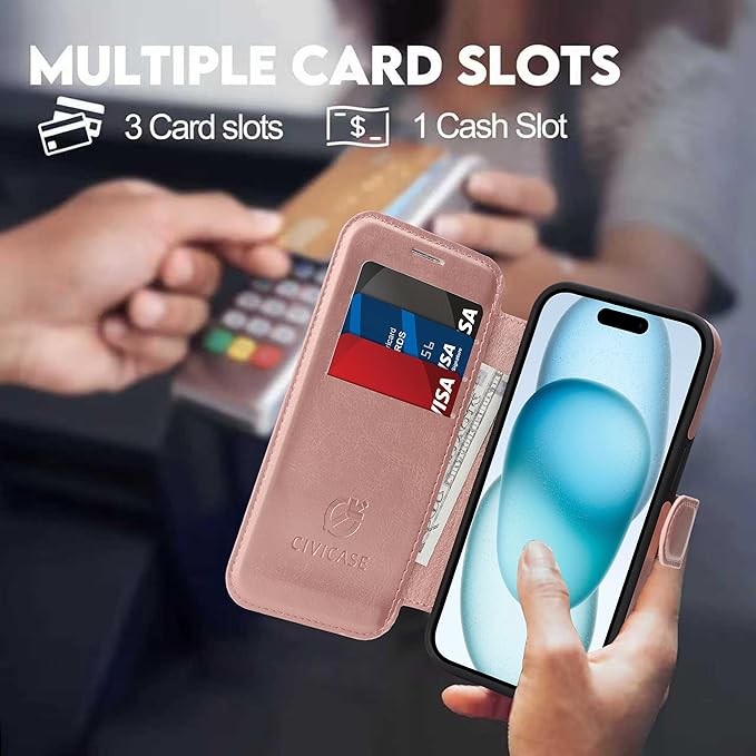 CIVICASE for iPhone 15 Wallet Case with Stand,PU Leather Flip Credit Card Holder Slots (RFID Blocking),Compatible with Magsafe Magnetic Holder Phone Cover Women Men, Rose Gold