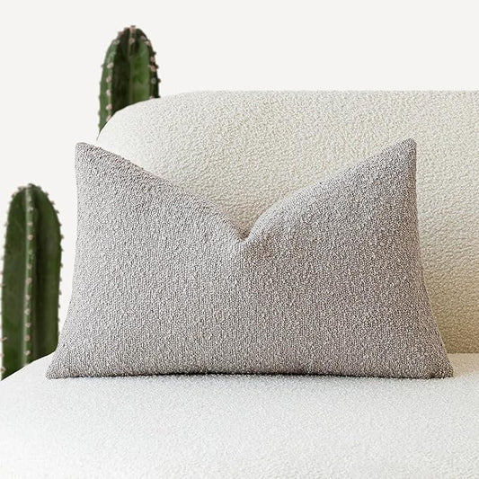 Foindtower Textured Boucle Throw Pillow Covers Accent Solid Lumbar Pillow Cases Cozy Soft Decorative Couch Cushion Case for Chair Sofa Bedroom Living Room Home Decor, 12 x 20 Inch,Neutral Grey