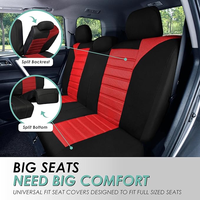 FH Group Automotive Car Seat Covers Rear Set Premium 3D Air Mesh Seat Covers, Airbag Compatible and Split Bench Cover Universal Fit Interior Accessories for Cars Trucks and SUVs - Red