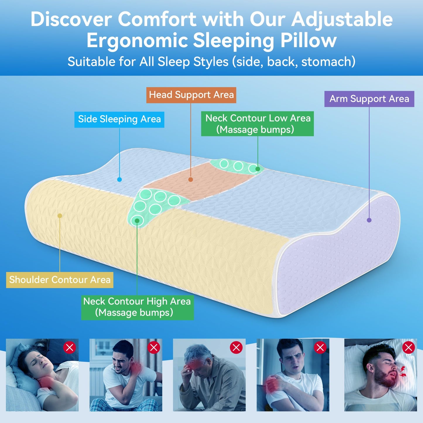 zibroges Cervical Neck Pillow for Pain Relief- Queen Size Adjustable Cooling Pillow for Sleeping, Memory Foam Pillows for Neck Shoulder, Ergonomic Contour Bed Pillow for Side, Stomach & Back Sleepers