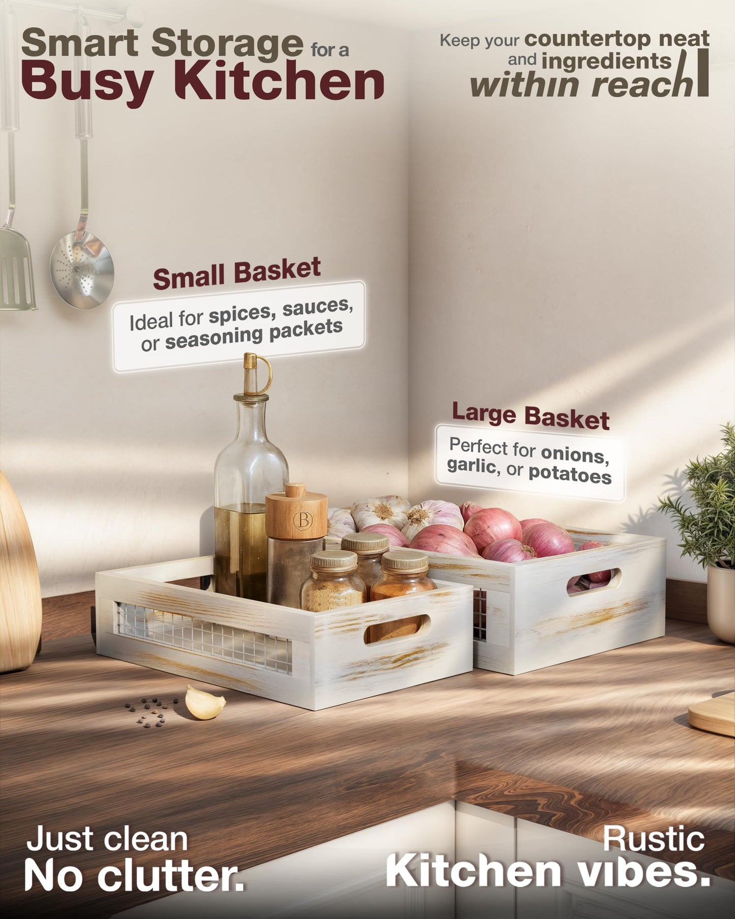 NAGAWOOD Wooden Countertop Baskets Set of 2 for Kitchen, Bathroom, Pantry|Wall Mount Upgrade with Full Accessories| Rustic Nesting Boxes|Wooden Organizer Crates for Fruit, Vegetables, Produce, Bread