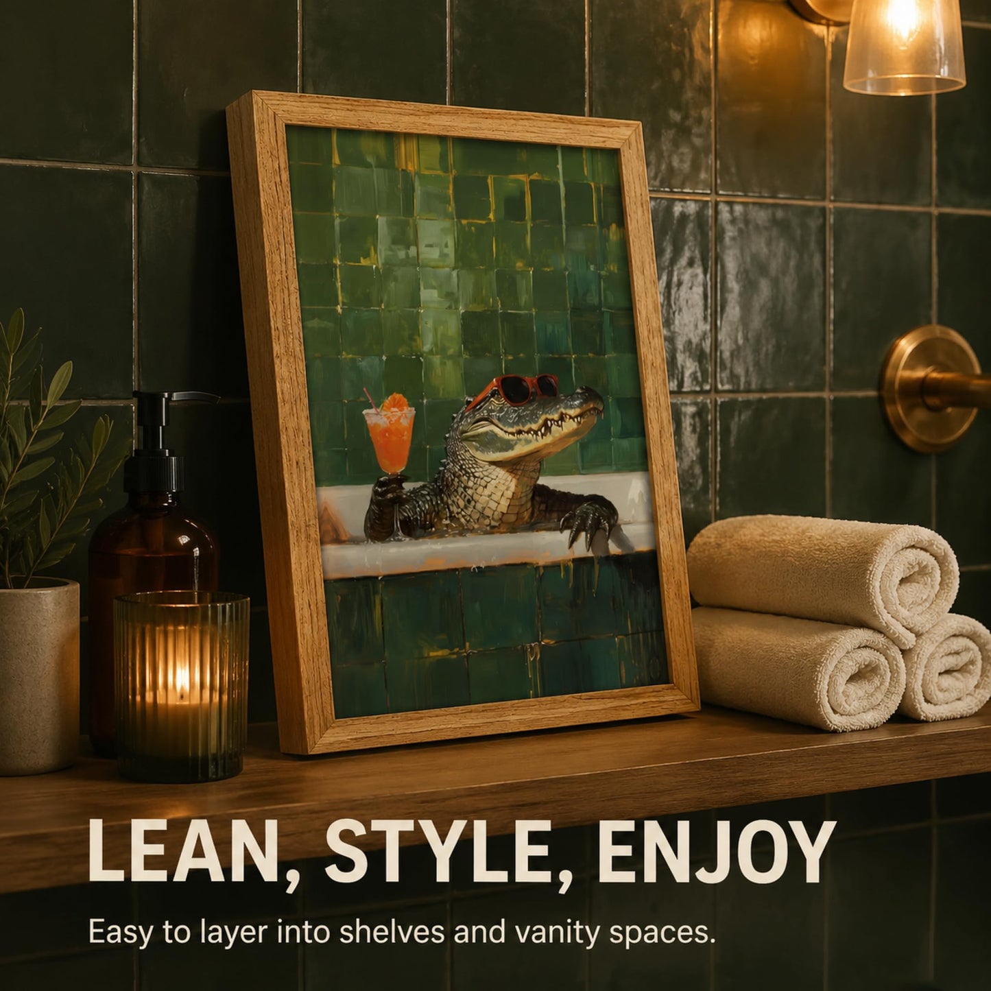 Funny Crocodile Bathroom Wall Art Framed Chillin Crocodile with Cocktail Wall Decor Funny bathtub Animal Painting Picture Cool Alligator Bath Time Prints Artwork for Bathroom Bar Home Decor