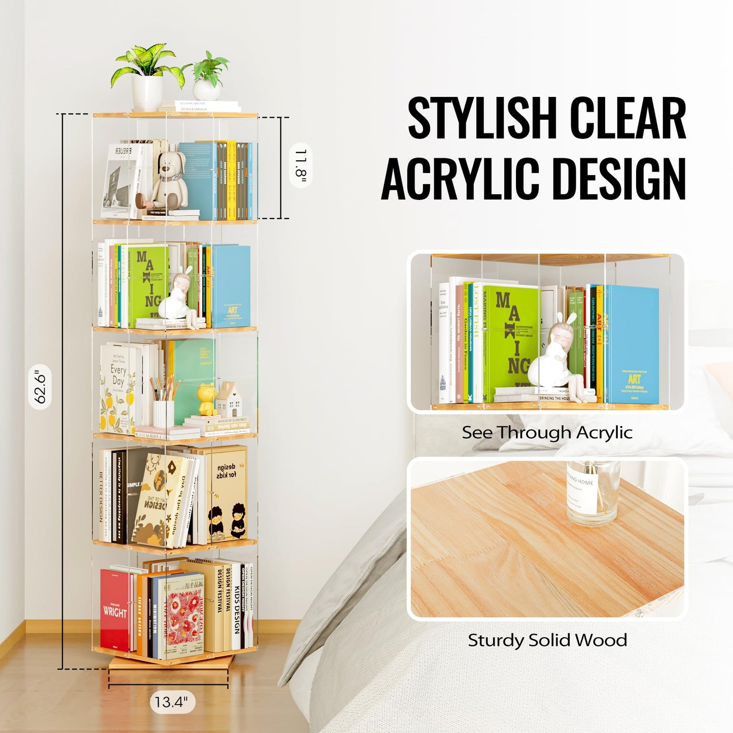 TAKEKIT 5-Tier Rotating Bookshelf, 360° Spinning Book Shelf Tower with Solid Wood & Clear Acrylic, Square Revolving Bookcase for Kids Room, Living Room, Bedroom and Office