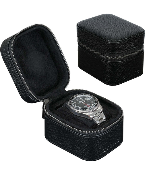 SYENS Watch Travel Box, Real Genuine Leather Single Watch Roll Case for Man and Women Watch Packing Storage Organizer with Suede to Protection Zipper Fit All Watches Up to 60mm (1W-Z-BB)
