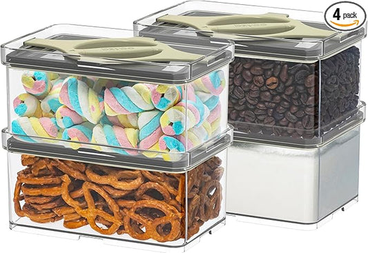 Prestoor 4-Pack Small Pantry Containers, 0.8 QT/0.76 L Clear SAN Food Storage Canisters with Twist-Lock Lids, Stackable for Sugar, Tea Bags, Seasoning, Nuts, Snacks(Sand)