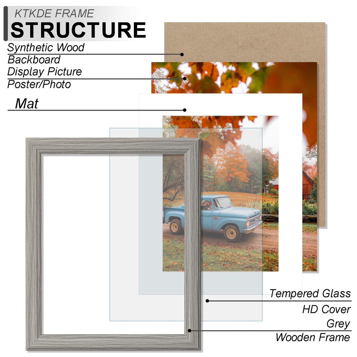 KTKDE 11x13 Picture Frame,Display Pictures 8x10 with Mat or 11x13 Without, Tempered Glass,13 by 11 Gray Wooden Frame Wall Gallery Poster Frame best gift