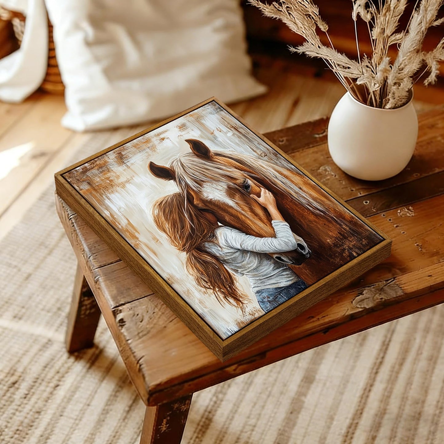Framed Horse Canvas Wall Art Girl and Horse Rustic Farmhouse Equestrian Pictures Wall Decor for Girls Bedroom, Western Country Art for Living Room Study (8x10in)