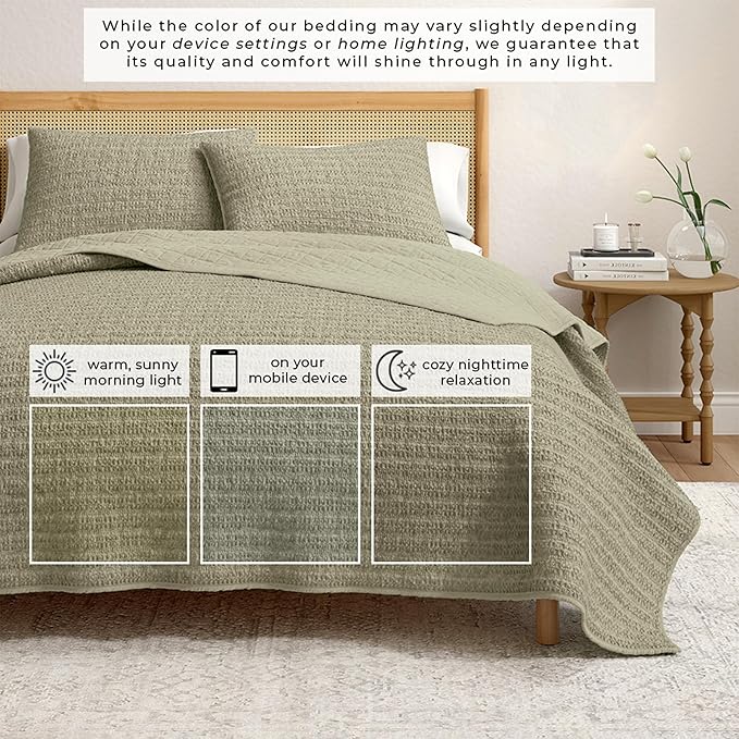 Great Bay Home King Size Green 100% Cotton Honeycomb Waffle Quilt and Sham Set - Garment Washed, Waffle Weave Like Texture, Lightweight 3-Piece Bedding Set (Eucalyptus Green)