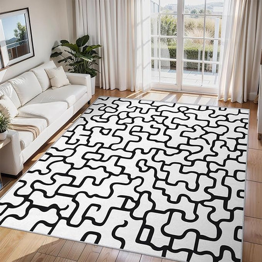 Abstract Geometric Rugs for Home Decor, 6x9 ft, Black and White Labyrinth Area Rugs for Living Room, Soft Non Slip Washable Modern Abstract Line Carpet Bedroom Decorations Dt-Ghf-31