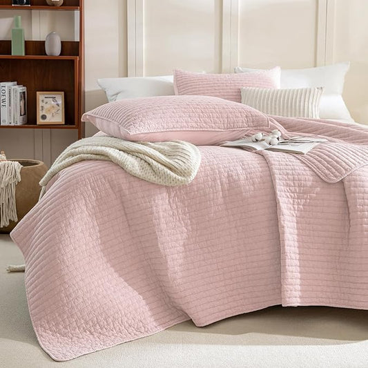 Sanracie Stonewashed Cotton Coverlet Oversized King(128"x120"), Light Pink Ultra Soft Crinkle Extra Large Wide Oversized Quilt Sets Lightweight Cross Stitch Bedspread Set 3Pcs for All Season
