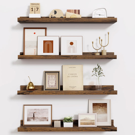 Fun Memories Picture Ledge Shelf - 24 Inches Floating Shelves Set of 4 - Nursery Bookshelves for Storage - Wood Bookshelf Wall Mounted for Bedroom - Living Room - Kitchen - Rustic Brown