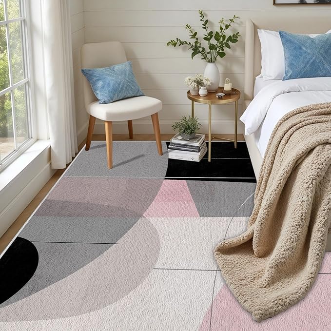 Abstract Art Line Living Room Area Rugs 3x5, Modern Boho Geometric Print Rug, Minimalist Washable Non Slip Neutral Soft Carpet for Bedroom, Dining Room Office Playroom, Black Gray