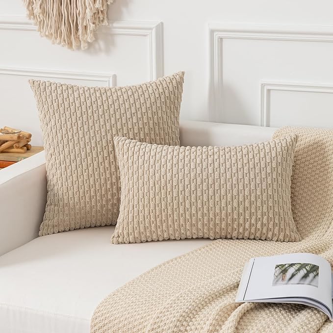 Kevin Textile Throw Pillow Covers Soft Corduroy Decorative Set of 2 Boho Striped Pillow Covers Pillowcases Farmhouse Home Decor for Couch Bed Sofa Living Room 12x20 Inch Beige