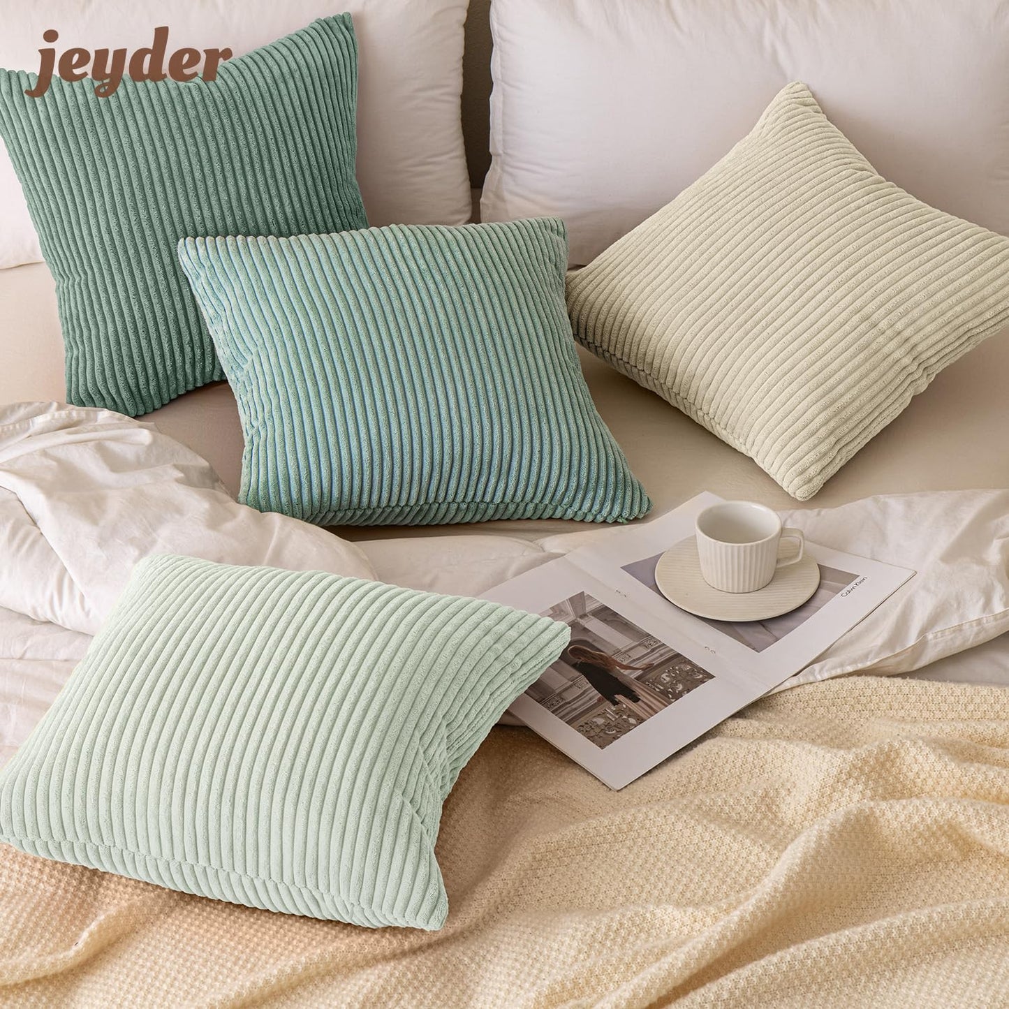 JEYDER Boho Farmhouse Sage Green Mix Throw Pillow Covers 18x18 Inch Set of 4, Striped Corduroy Decorative Pillow Cases, Soft Modern Home Decor for Couch Sofa Living Room Bedroom, All Season S9
