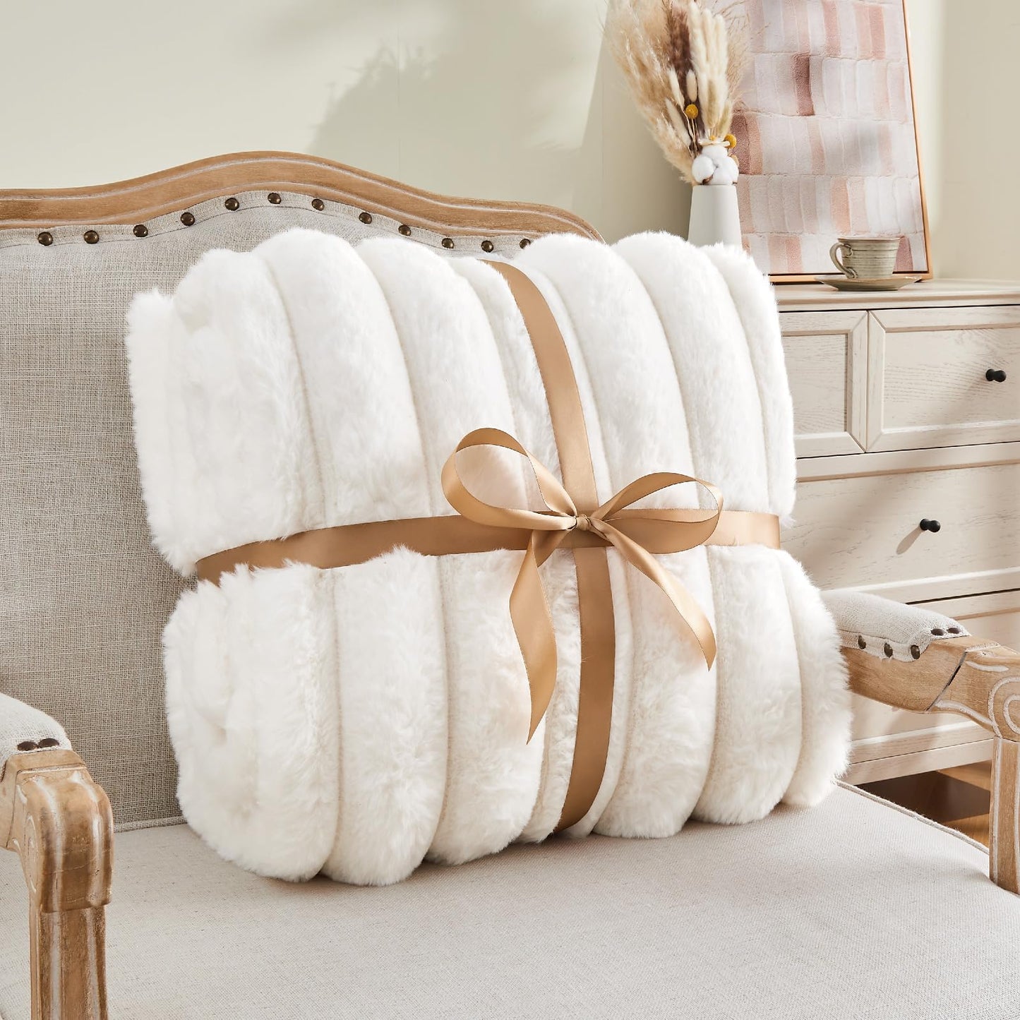 BEDELITE Faux Fur Throw Blanket for Couch, Soft and Cozy Luxurious 3D Striped Fluffy Blanket, 770GSM Thick Warm Plush Fuzzy Faux Rabbit Fur Blanket for Women Gift (Cream, 50"x 60")