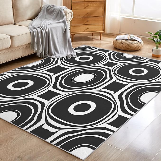 Black and White Geometric Rugs for Home Decor, 3x5 ft, Ring Circle Area Rugs for Living Room, Soft Non Slip Washable Modern Abstract Carpet Bedroom Decorations Dt-Ghf-31