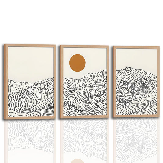 soonkiss Abstract Boho Sun Wave Line Mountain Landscape Wall Art Set of 3, Minimalist Beige Geometric Line Drawing Triptych with Light Wooden Frame for Living Room Bedroom 12x16 Inches