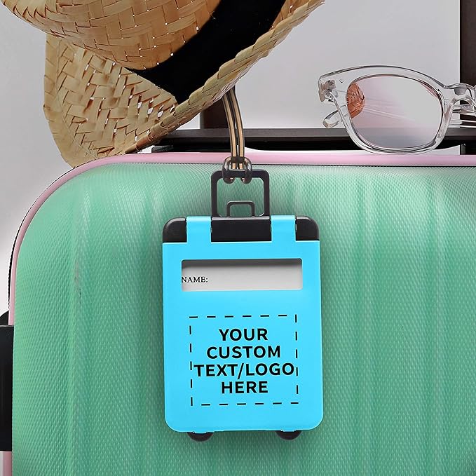 10 Mini Carry-on Luggage Tags Pack - Customizable Text, Logo - Flip Open Cover, ID Sticker - Light Blue