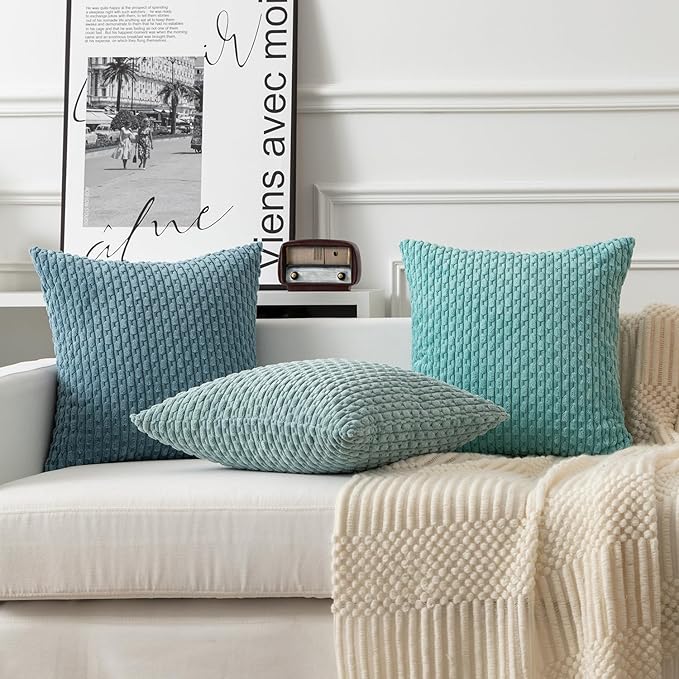 Kevin Textile Throw Pillow Covers Soft Corduroy Decorative Set of 2 Boho Striped Pillow Covers Pillowcases Farmhouse Home Decor for Couch Bed Sofa Living Room 22x22 Inch Dusty Green
