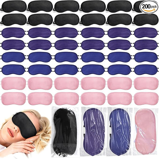 Tarpop 200 Pcs Eye Mask Sleeping Blindfold Eye Cover with Adjustable Strap for Games Party Team Building Travel Individually Wrapped Sleep Mask for Women Men (Black,Blue,Purple,Pink)