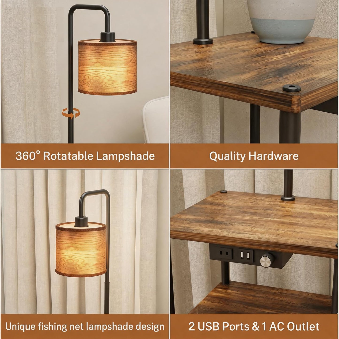 Pazarfami Floor Lamp with Table, Shelves, Side Table with USB Charging Port and Outlet, Modern Bedside Nightstand End Table with Lamp for Living Room, Bedroom, Guest Room, Bulb Included, Wood Grain