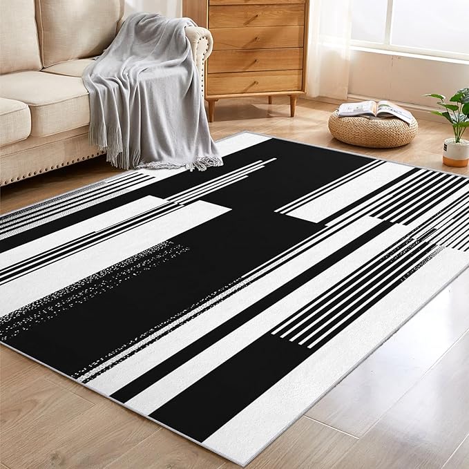 Black and White Stripe Rugs for Home Decor, 4x6 ft, Modern Stripes Area Rugs for Living Room, Soft Non Slip Washable Abstract Striped Carpet Bedroom Decorations Dt-Ghf-31