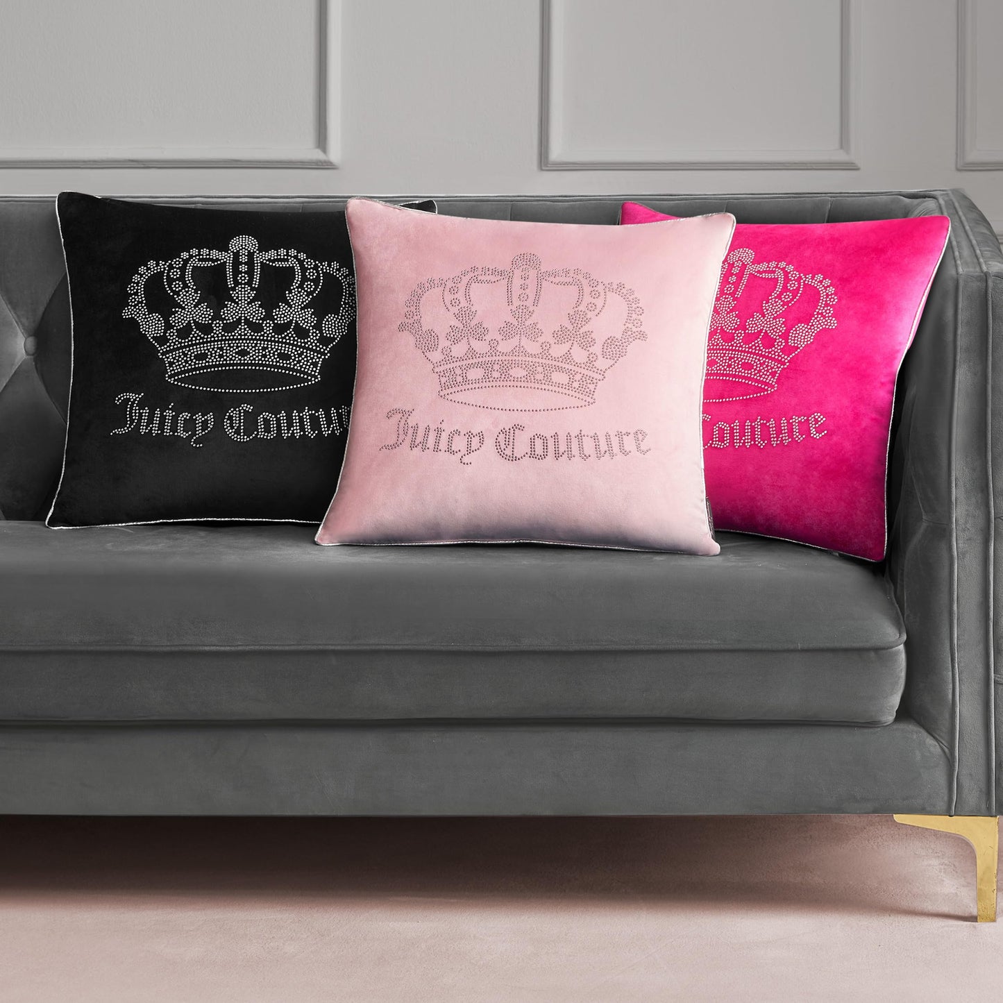 Juicy Couture Square 1-Piece Living Room and Bedroom Décor, Premium Throw Pillow, 20"x20", Black Rhinestone Crown