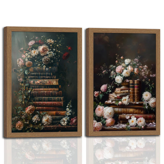 2Pcs Framed Vintage Floral Wall Art Moody Flowers Books Painting, Vintage Wildflowers Dark Academia Floral Gallery Wall Decor Picture, Rustic Country Canvas Decor for Living Room gallery Office 12x16in