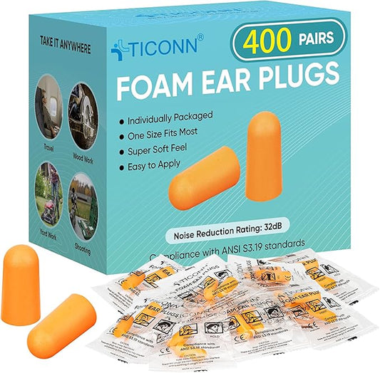 TICONN 400 Pairs Ear Plugs, 32dB Noise Reduction Earplugs for Sleeping Hearing Protection Travel Study Concentration Construction Site (400 Pairs)